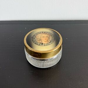 Vintage Small Glass Powder Jar Trinket Dish Victorian Woman Metal Dresser Vanity